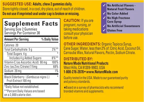 Vista 7 de Nature Made Saúco con vitamina C y zinc, suplemento dietético para apoyo inmunológico, 60 gomitas y suministro para 30 días