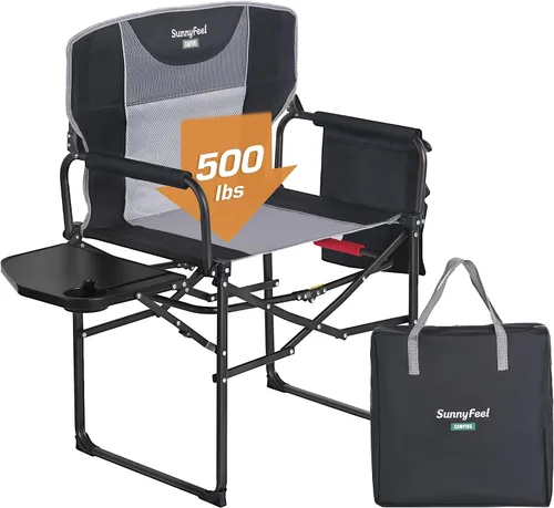 Vista 14 de SUNNYFEEL Silla de Directores de Camping, Silla Plegable Portátil de Gran Tamaño con Mesa Lateral, Bolsillo para Playa, Pesca, Viaje, Picnic
