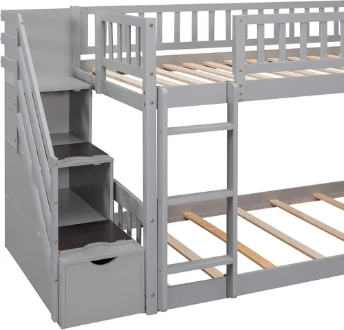 Vista 4 de CITYLIGHT Twin Over Twin Low Bunk Bed with Slide and Storage Stairs, Gray Grey