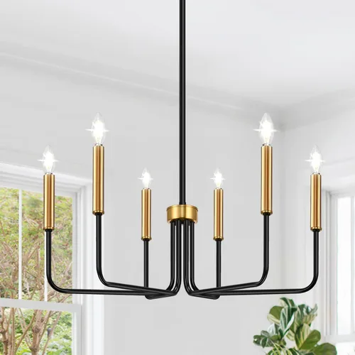 Vista 21 de Lynnoland - Candelabros de 6 luces de granja para comedor, accesorios de iluminación colgantes, lámparas industriales modernas para dormitorio Negro
