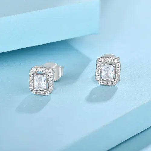 Vista 4 de Aretes de plata de ley 925 con halo de piedra natal con circonita cúbica 3A