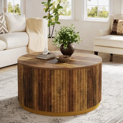 Vista 4 de Tribesigns Mesa auxiliar redonda de 31.5 pulgadas, mesa central de madera acanalada con base de tambor resistente, muebles modernos de mediados