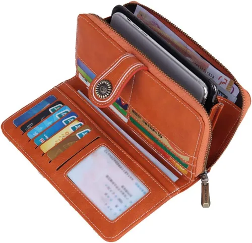Vista 4 de Earnda Billetera para mujer tarjetero de cuero de gran capacidad para tarjetas de crédito RFID Marrón_008 Casual