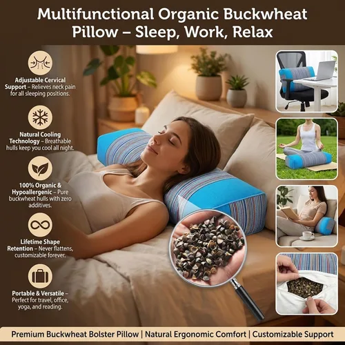Vista 2 de Almohada ajustable de casco de trigo sarraceno para aliviar el dolor de cuello (21 x 8 x 4), almohada de enfriamiento natural para campamento