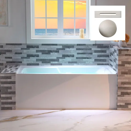 Vista 26 de WOODBRIDGE Bañera rectangular de acrílico de 60 pulgadas en blanco con drenaje derecho, drenaje desplegable de níquel cepillado incluido BA6030R