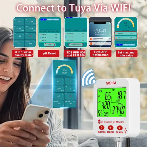 Vista 6 de Medidor digital de pH EC Medidor de pH hidropónico inteligente con WiFi para pantalla grande en tiempo real con múltiples parámetros mostrados