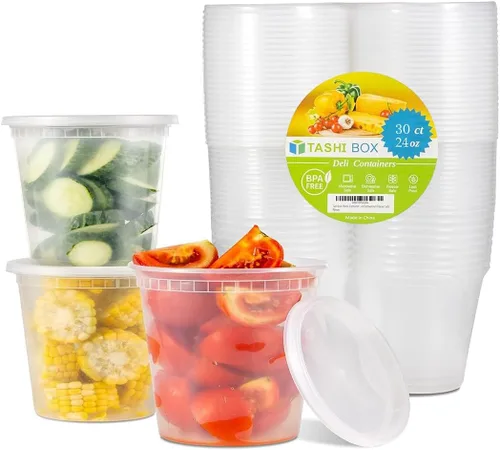 Vista 12 de TashiBox 24 juegos de recipientes de plástico con tapas, 8 onzas, 16 onzas, 32 onzas, 8 juegos cada uno, recipientes herméticos para almacenamiento