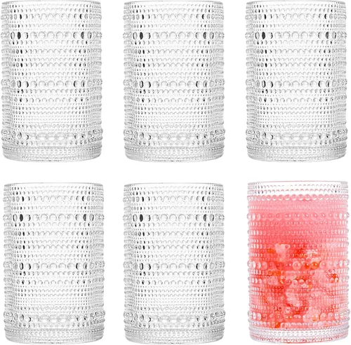 Vista 8 de cosnou Juego de cristalería de 6, 13 onzas/390ml Cristalería de cocina Hobnail, vidrio vintage en relieve para agua, cóctel, soda, bebidas, jugo
