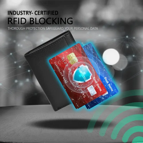 Vista 2 de Carteras de cuero de plegado tríptico para hombres, con interferencia de radiofrecuencia (RFID), bolsillo frontal y 9 ranuras para tarjetas