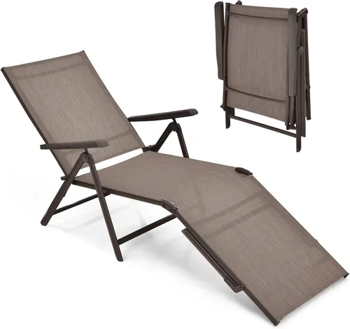 Vista 12 de Giantex Sillón de patio plegable, tumbona para tomar el sol al aire libre con respaldo de 5 posiciones, reposapiés de 2 posiciones, marco de acero