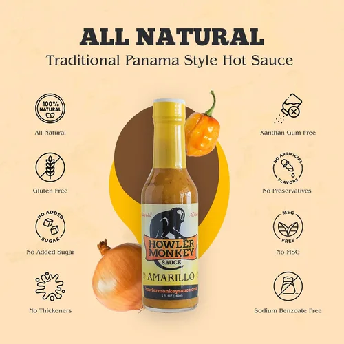 Vista 7 de Howler Monkey Sauce Salsa picante original estilo panamá con salsa picante Amarillo Gourmet