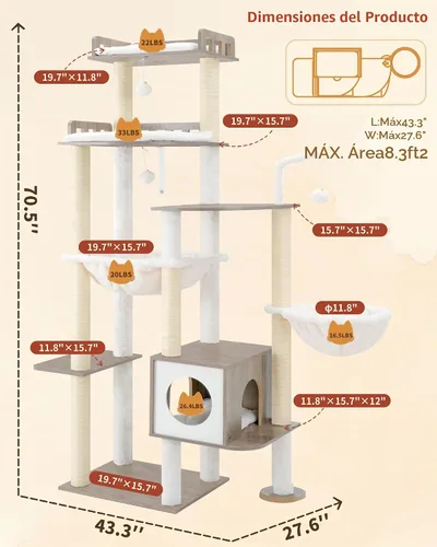 Vista 3 de Heybly Árbol para Gatos, Torre Alta de Madera de 70.5 Pulgadas para Gatos Grandes de Interior con Estructura Extra Estable, Muebles Modernos