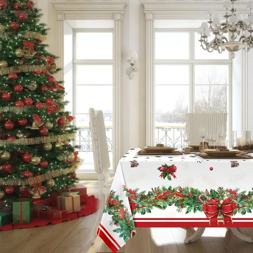Vista 6 de Tiamon Manteles de plástico de 3 piezas, impermeables, desechables, rectangulares, fundas de mesa de Navidad para suministros de fiesta de Navidad