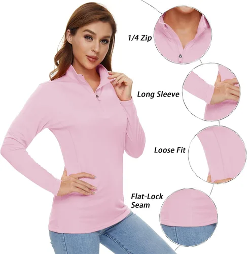 Vista 5 de CRYSULLY Camisas de manga larga para mujer, protección solar, cremallera de 14, de verano, de secado rápido