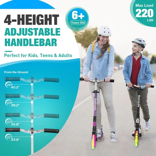 Vista 2 de BELEEV V5 Patines para niños de 6 años en adelante, patinete plegable de 2 ruedas para adultos y adolescentes, 4 rieles ajustables, ruedas grandes