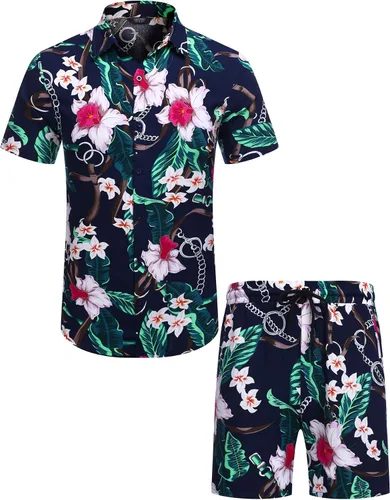 Vista 2 de COOFANDY - Conjunto de camisa hawaiana floreada de manga corta con botones para hombre