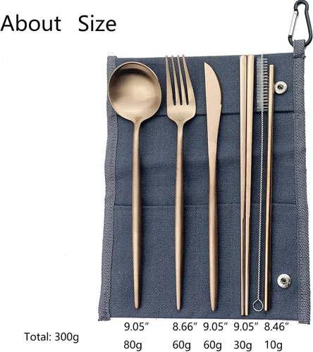 Vista 3 de JASHII Utensilios de campamento reutilizables de acero inoxidable con bolsa, juego de cubiertos de viaje de 7 piezas con cuchillo de pajilla, Rosa