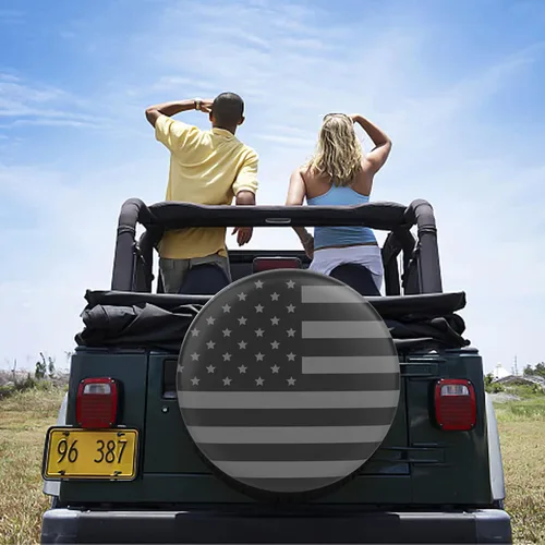 Vista 7 de Cubierta de neumático de repuesto para remolque de caravana, cubierta de rueda de cuero impermeable con bandera de Estados Unidos, cubierta