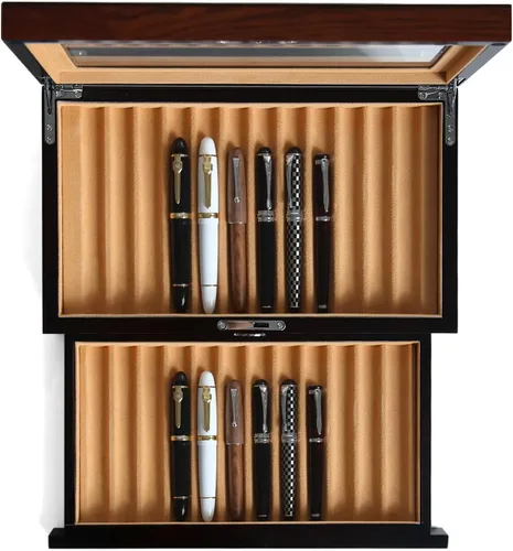 Vista 10 de vitrina de madera de la pluma de 36 ranuras Pluma estilográfica caja organizador de almacenamiento con cajón, ventana superior ventana pluma