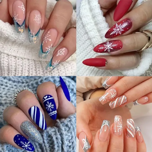Vista 3 de 10 hojas de calcomanías de uñas de Navidad 3D con copo de nieve - Diseño de purpurina autoadhesiva blanca, decoraciones de invierno para Navidad