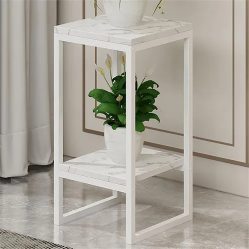 Vista 11 de Mesa cuadrada simple de madera de varios niveles con estante de almacenamiento, soporte para maceta de hierro forjado para sala de estar en Negro