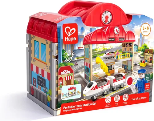 Vista 7 de Hape Juego de estación de tren de madera portátil, juego de tren para niños, rieles, estación de tren y personajes, fácil de transportar