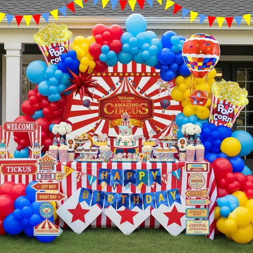 Vista 3 de Decoraciones de fiesta de cumpleaños con temática de circo e incluyen guirnalda de globos rojos, azules y amarillos y globos de papel de aluminio