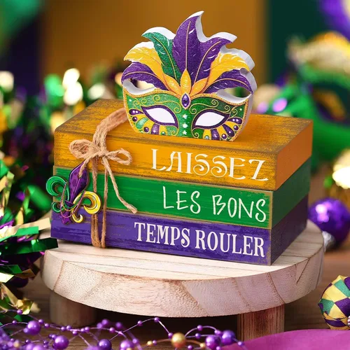 Vista 2 de 4 piezas de decoraciones de Mardi Gras para el hogar, centros de mesa de Mardi Gras, máscaras de mascarada, decoraciones de mesa, bloques de madera