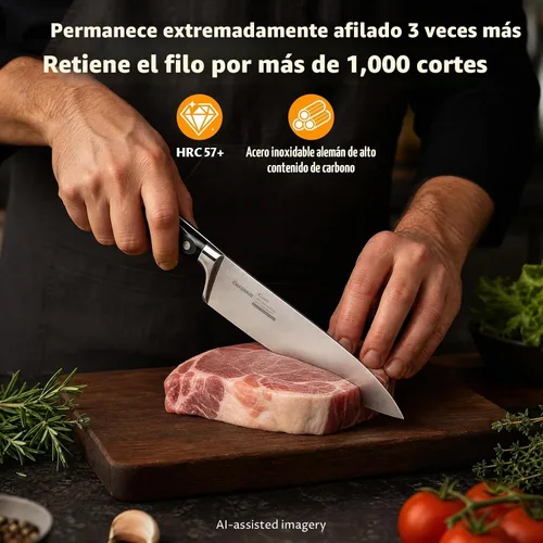 Vista 2 de OAKSWARE Cuchillo de chef de 8 pulgadas, cuchillo alemán de acero