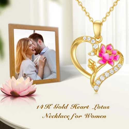 Vista 36 de Collar de flor de nacimiento de oro real de 14 quilates para mujer, oro amarillo creado moissanita con colgante de corazón, collares