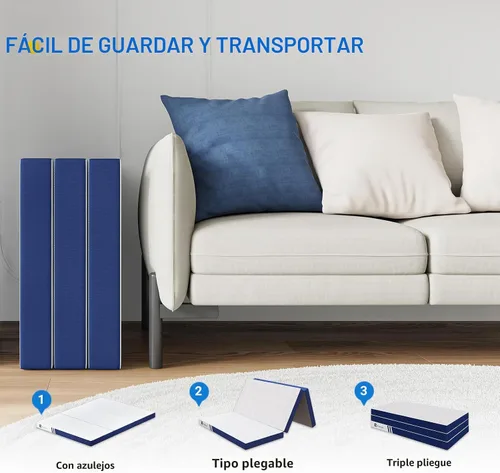 Vista 6 de Avenco Cubrecolchón de triple pliegue, colchón plegable de 4 pulgadas, tamaño individual, espuma viscoelástica plegable con funda extraíble y Azul