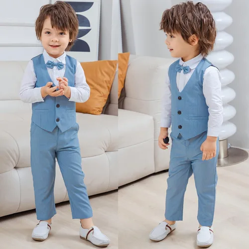 Vista 3 de Conjunto de ropa de algodón de manga larga con corbatín + chaleco + pantalones para niños