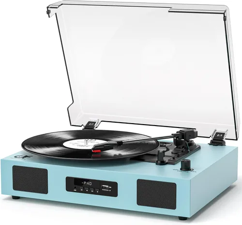 Vista 9 de Reproductor de discos de vinilo de tamaño extendido con reproducción Bluetooth, altavoces integrados, grabación USB, pantalla LED, tocadiscos