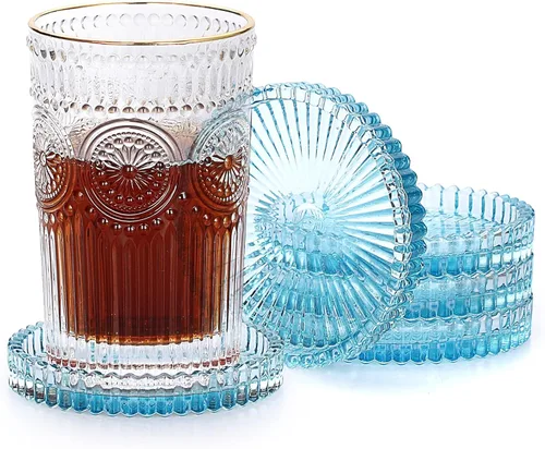 Vista 10 de JUXYES Juego de 5 posavasos de cristal tono ámbar redondos, tapetes para tazas de vidrio, posavasos para bebidas, café, té, vino, posavasos