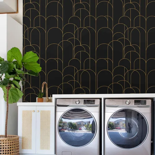Vista 7 de Papel tapiz para despegar y pegar, moderno papel tapiz geométrico negro/dorado, 17.71 x 118 pulgadas, papel tapiz autoadhesivo extraíble, papel