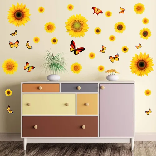 Vista 7 de Tenare 116 calcomanías de pared de girasol, calcomanías de mariposa 3D, autoadhesivas, girasol, flores amarillas, mariposa, impermeable, decoración