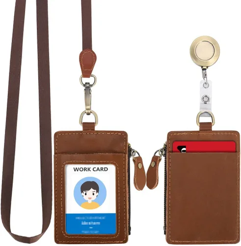 Vista 9 de Wonderpool Soporte de cuero para tarjetas de identificación con bolsillo con cremallera, ranuras para tarjetas, cordón desmontable para el cuello