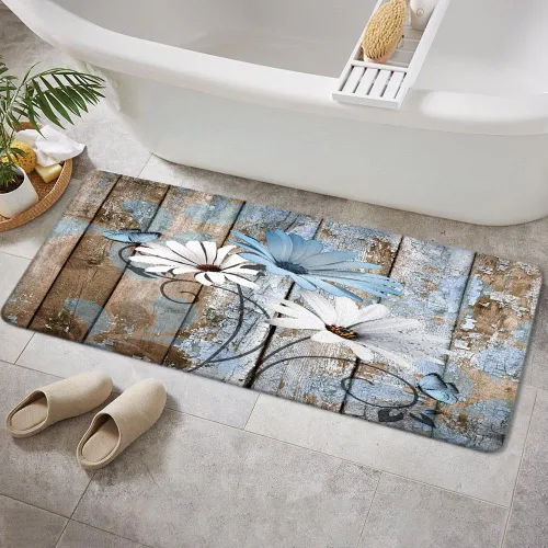 Vista 32 de JAWO Alfombra de baño con flores de granja, dalia en tablones de madera rústica, juego de tapetes de baño con flores azules, en forma de U