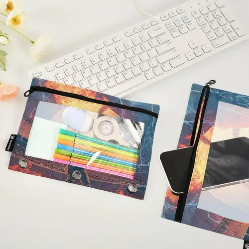 Vista 4 de Binder Pouches Baseball Fire Pencil Pouch for 3 Ring Binder 2 Pack Clear Pencil Bag with Zipper for Office School Supplies