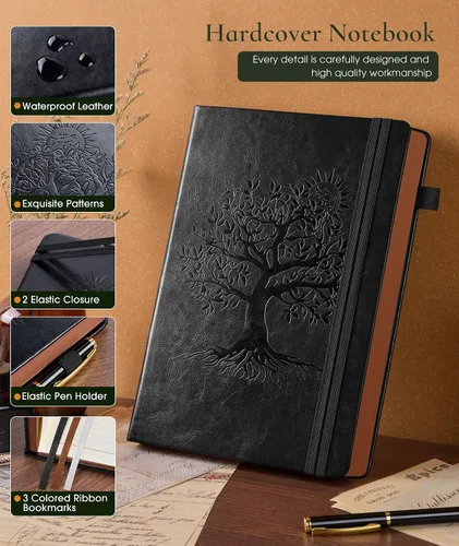 Vista 3 de Diario vintage de cuero con 300 páginas numeradas, diario rayado A4 para hombres y mujeres, diarios para escribir, cuaderno de rayas universitarias