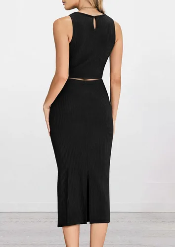 Vista 8 de PRETTYGARDEN Conjunto de 2 piezas de verano para mujer, cuello redondo, sin mangas, con abertura, falda midi