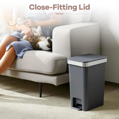Vista 4 de Cubo de basura pequeño para baño con tapa de cierre suave, cubo de basura delgado de 10 litros/2.6 galones, escalón de metal y tapa superior