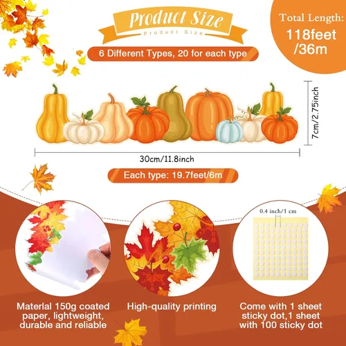 Vista 3 de Containlol Bordes de calabaza para tablón de anuncios, 118 pies de otoño, festoneados, bordes para tablón de anuncios, para escuela, aula, oficina