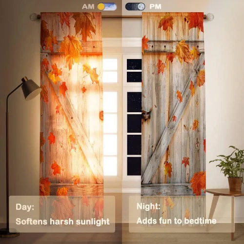 Vista 3 de Funnytree Cortina de otoño para ventana, diseño rústico de Acción de Gracias, con estampado de puerta de madera, decoración del hogar, bolsillo