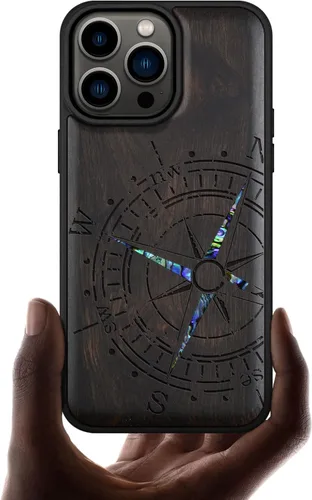 Vista 9 de Carveit Funda magnética de madera de diseñador para iPhone 14 Pro Max, grabado en madera e incrustaciones de concha, funda de madera única