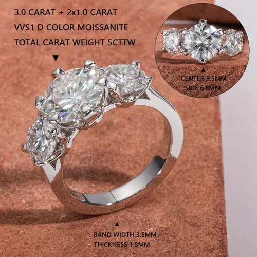 Vista 2 de Juego de anillos de moissanita para mujeres y hombres, 3 quilates, 3 piedras, moissanita, compromiso, aniversario, anillo central de 2 quilates
