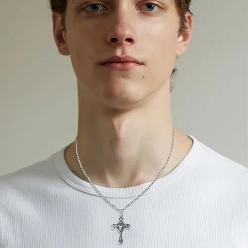 Vista 4 de Collar de cruz de Jesús de plata de ley con colgante de Jesús, collar de crucifijo para hombre, collar de cruz católica para hombres, joyería