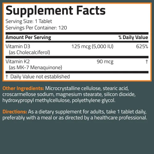 Vista 8 de Bronson Suplemento de Vitamina K2 D3 (MK7) Fórmula No-GMO Vitamina D3 5000UI (125 mcg) & 90 mcg K2 MK-7, Complejo D & K Fácil de Tragar, 120 Tabletas