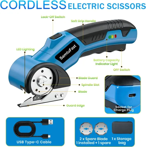 Vista 4 de Tijeras eléctricas inalámbricas, cortador de caja recargable de 4 V eléctrico con caja de almacenamiento, 2 cuchillas, cable de carga USB, cortador