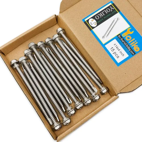 Vista 7 de Tornillos autoperforantes de cabeza hexagonal de arandela #14 x4 (1" a 4-7/8" disponibles), acero inoxidable 410, tornillos Tek de chapa
